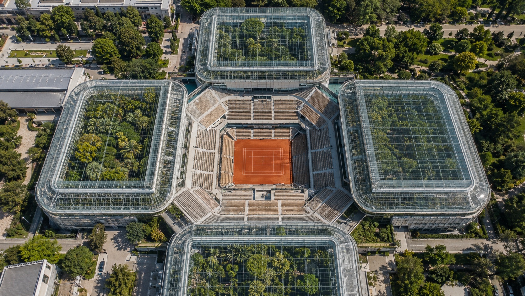 Court de tennis semi-enterré entouré de quatre serres vitrées remplies de plantes tropicales dans le jardin d'Auteuil